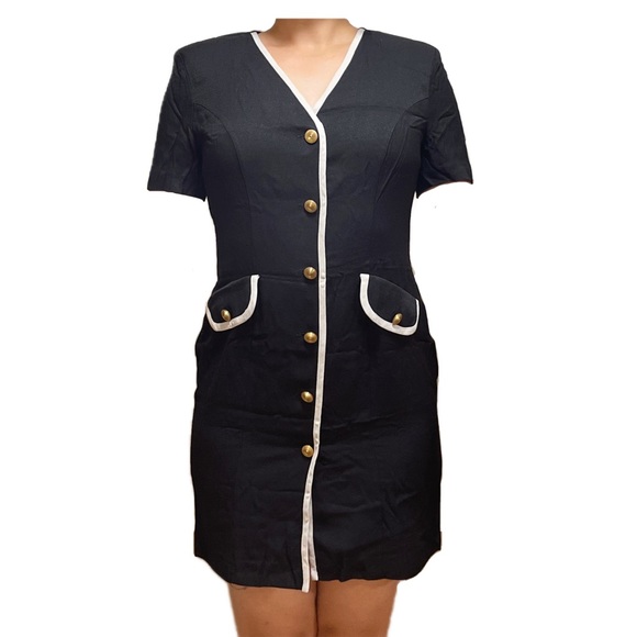 Vintage dress short sleeve buttons contrast white trim decorative pockets Sz 10 - Picture 2 of 9